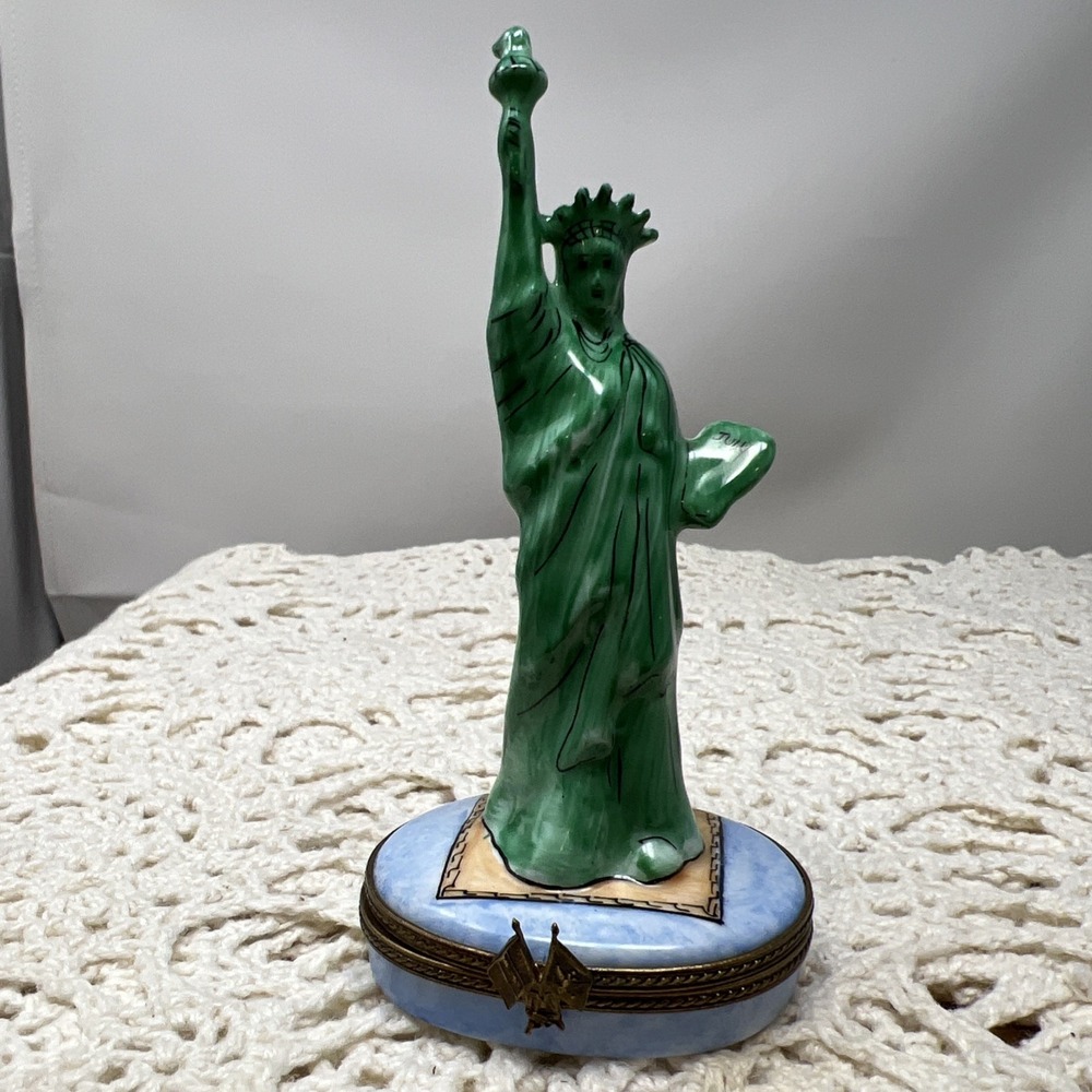 Limoges Trinket Box Statue Of Liberty New York US Flag & White House Peint Main